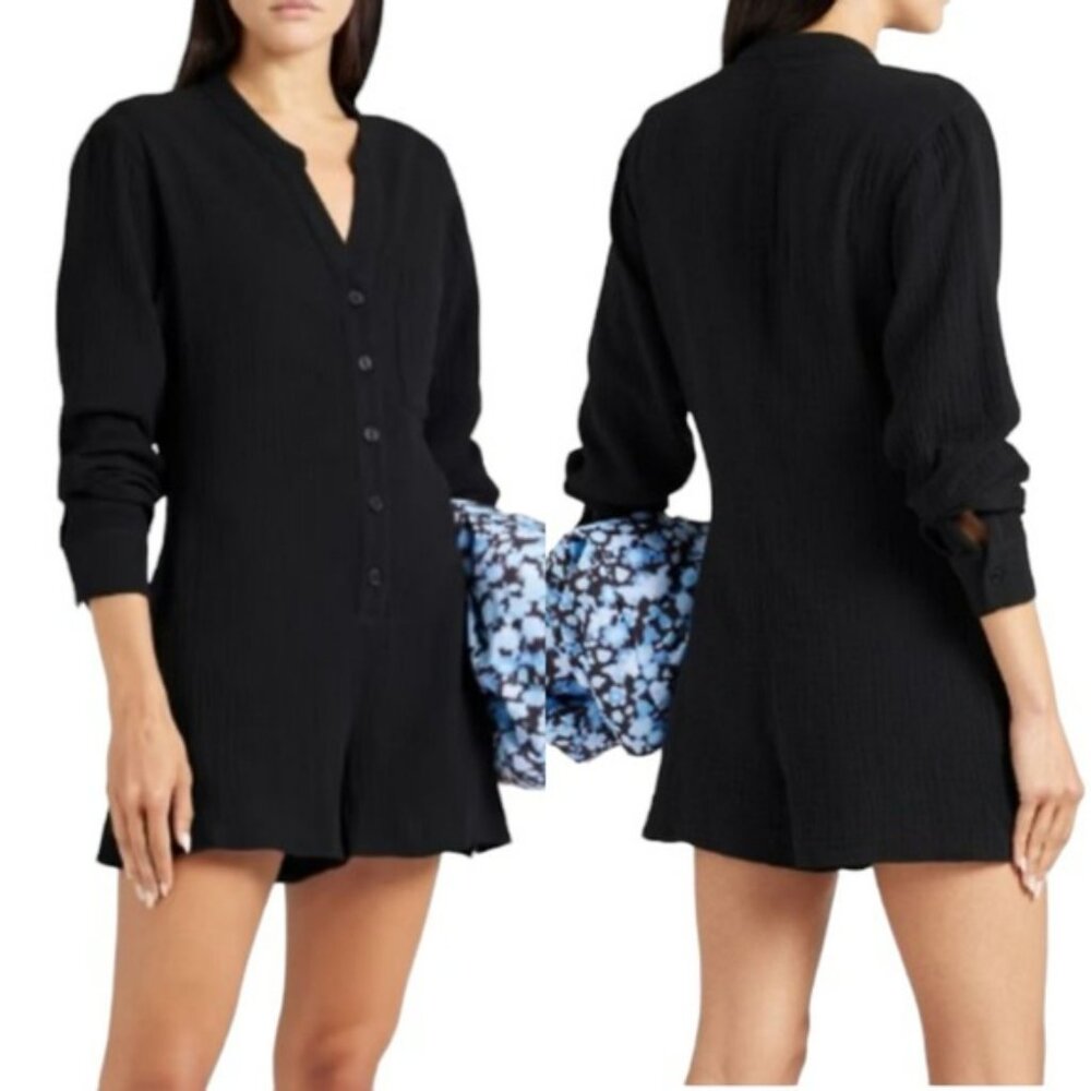 ONIA Womens Black Jumpsuit Size Small Button Down Romper Crinkle Gauge Shorts